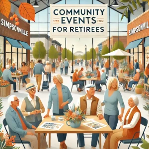 Retirees participating in community events, social gatherings, and group activities with seasonal accents in a bright and welcoming space.