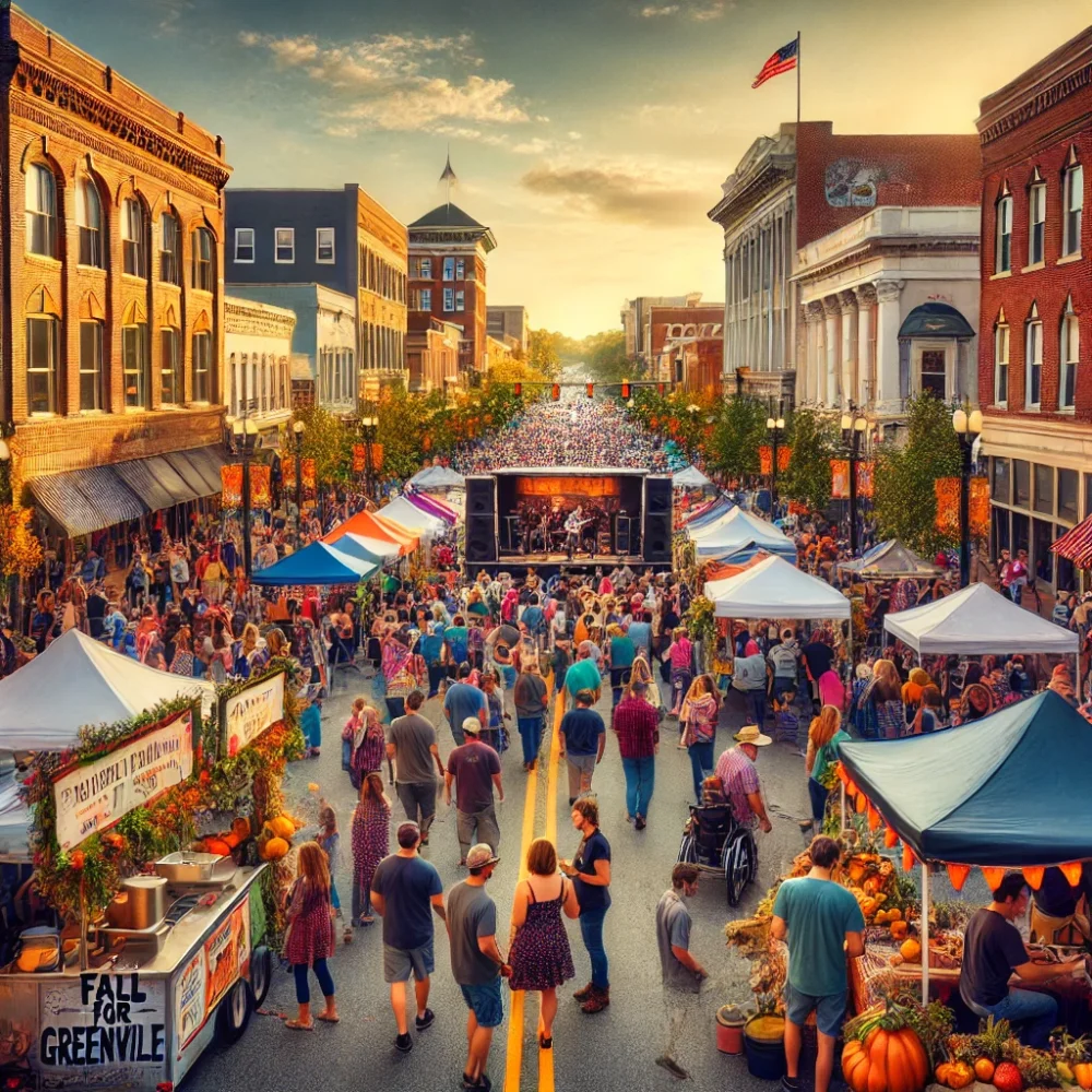 bustling atmosphere of Main Street with food stalls, live music, and autumn-themed decorations