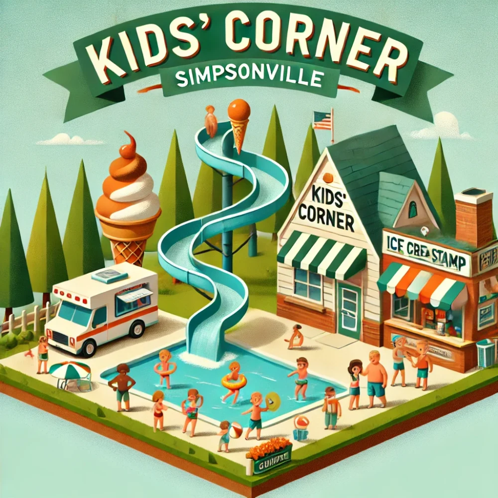 Simpsonville Kids' Corner featuring fun activities like waterparks, ice cream spots, and summer camps