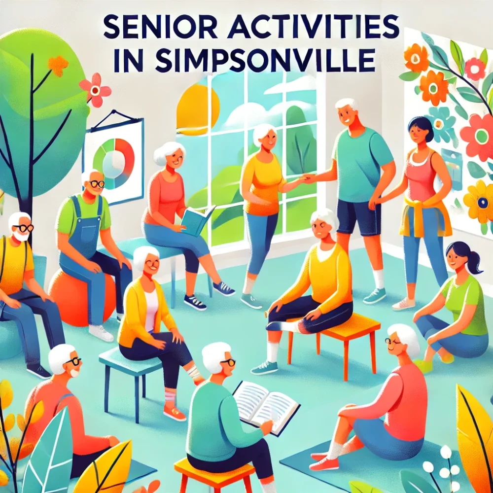 Seniors enjoying fitness classes and community events in Simpsonville, surrounded by seasonal accents.