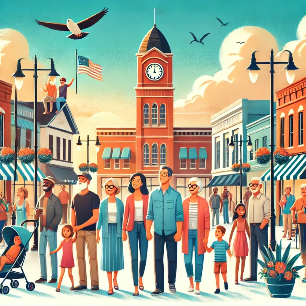 Simpsonville Community Guide for Simpsonville.net featuring a diverse group of people on a main street with a clock tower in Simpsonville, South Carolina, engaging in activities like walking, shopping, and socializing.